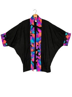 Vintage Carol Wior Kimono Jacket M Black Open Front Resortwear Batwing USA